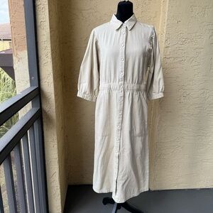 Current Air Beige Button Front Midi Shirt Dress Sz L Puff Sleeve NWT